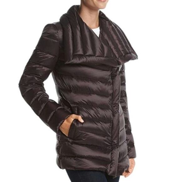 T Tahari Puffer Coat Womens Large Deep Purple Down Filled Quilted Asymmetrical - Picture 14 of 15